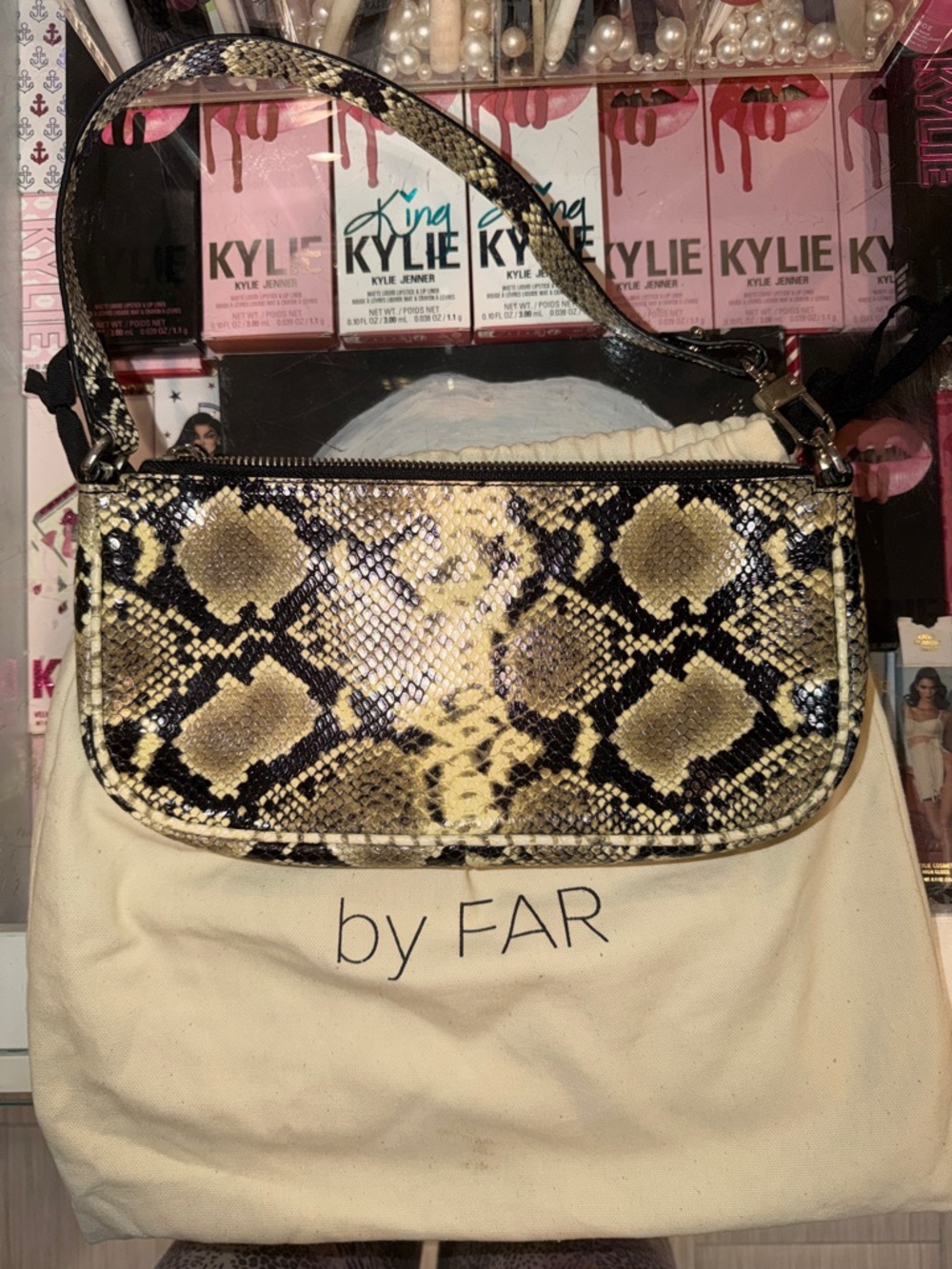 BY FAR Yellow and Black Python-Print Mini Shoulder Bag